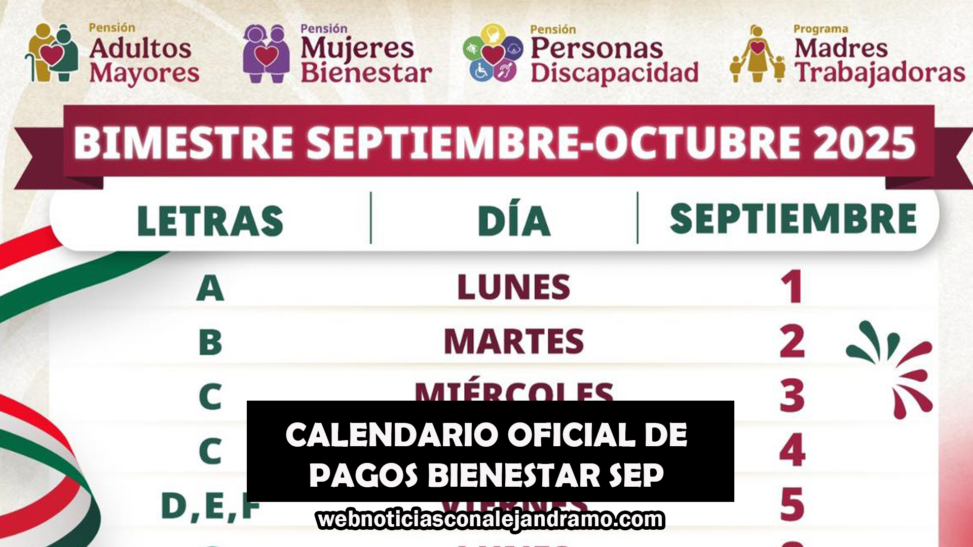 Calendario oficial: Depósitos del bimestre septiembre-octubre para pensiones del Bienestar inician del 1 al 25 de septiembre