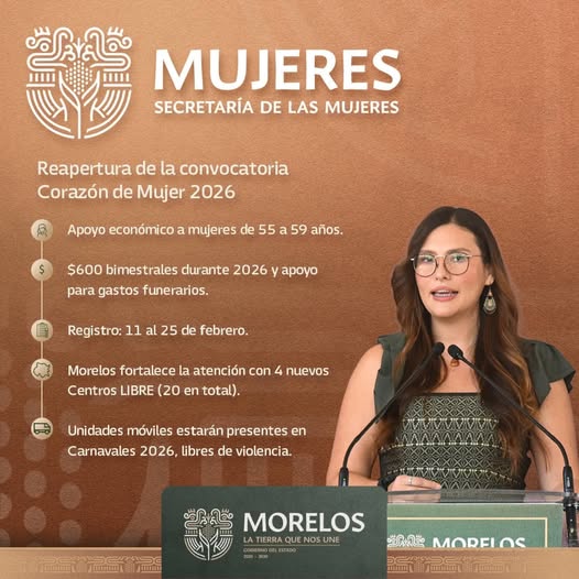 Abren inscripciones al programa “Corazón de Mujer 2026”: apoyo económico para mujeres de 55 a 59 años