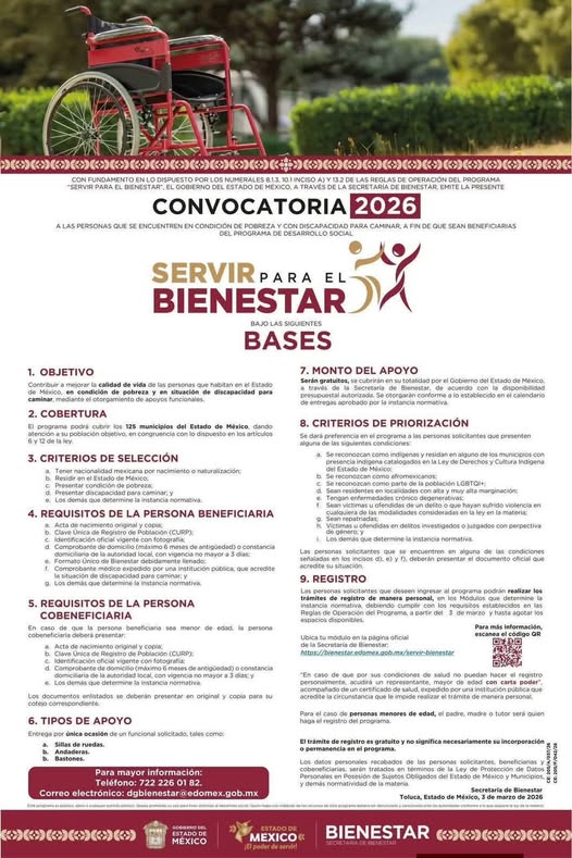 Estado de México abre convocatoria 2026 del programa “Servir para el Bienestar” para personas con discapacidad motriz