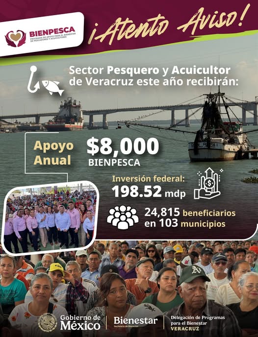 BIENPESCA 2026: Gobierno federal aumenta apoyo anual a pescadores; entregarán 8 mil pesos a más de 24 mil beneficiarios en Veracruz