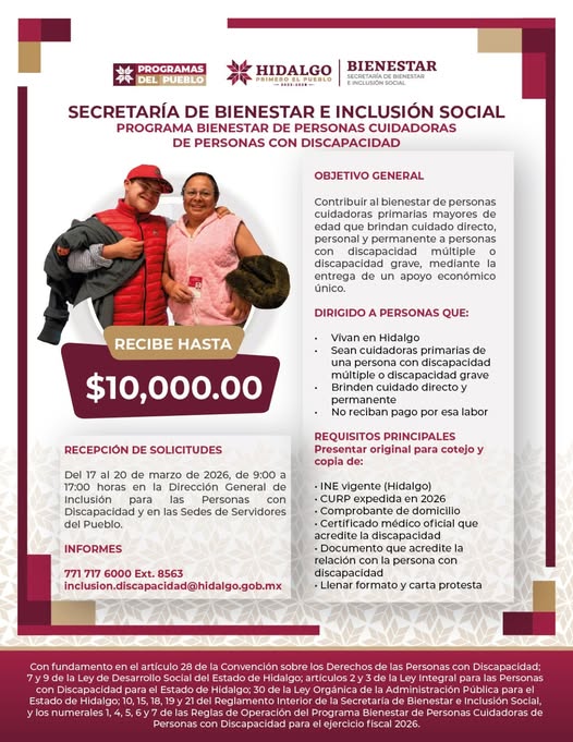Convocatoria 2026 para Personas Cuidadoras de Personas con Discapacidad: requisitos, montos y sedes de registro en Hidalgo