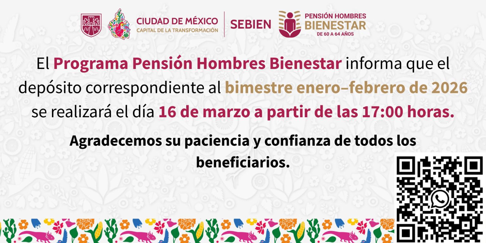 Aviso importante: Depósito de la Pensión Hombres Bienestar se realizará el 16 de marzo de 2026