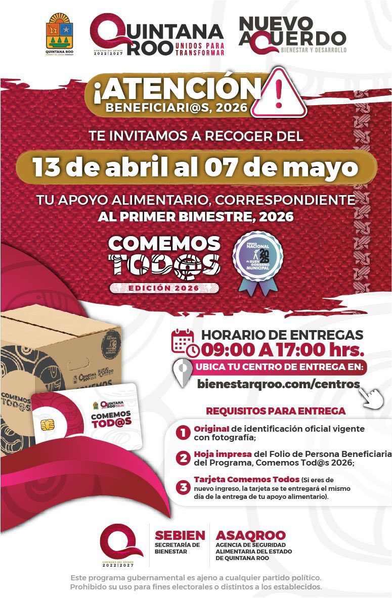 Aviso importante para nuestras beneficiarias y beneficiarios de Comemos Tod@s ⚠️