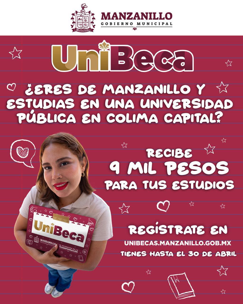 Si eres de Manzanillo y estudias en una universidad pública en otro municipio de Colima, regístrate en #UniBeca y recibe un apoyo de 9 mil pesos para tus estudios. ✨