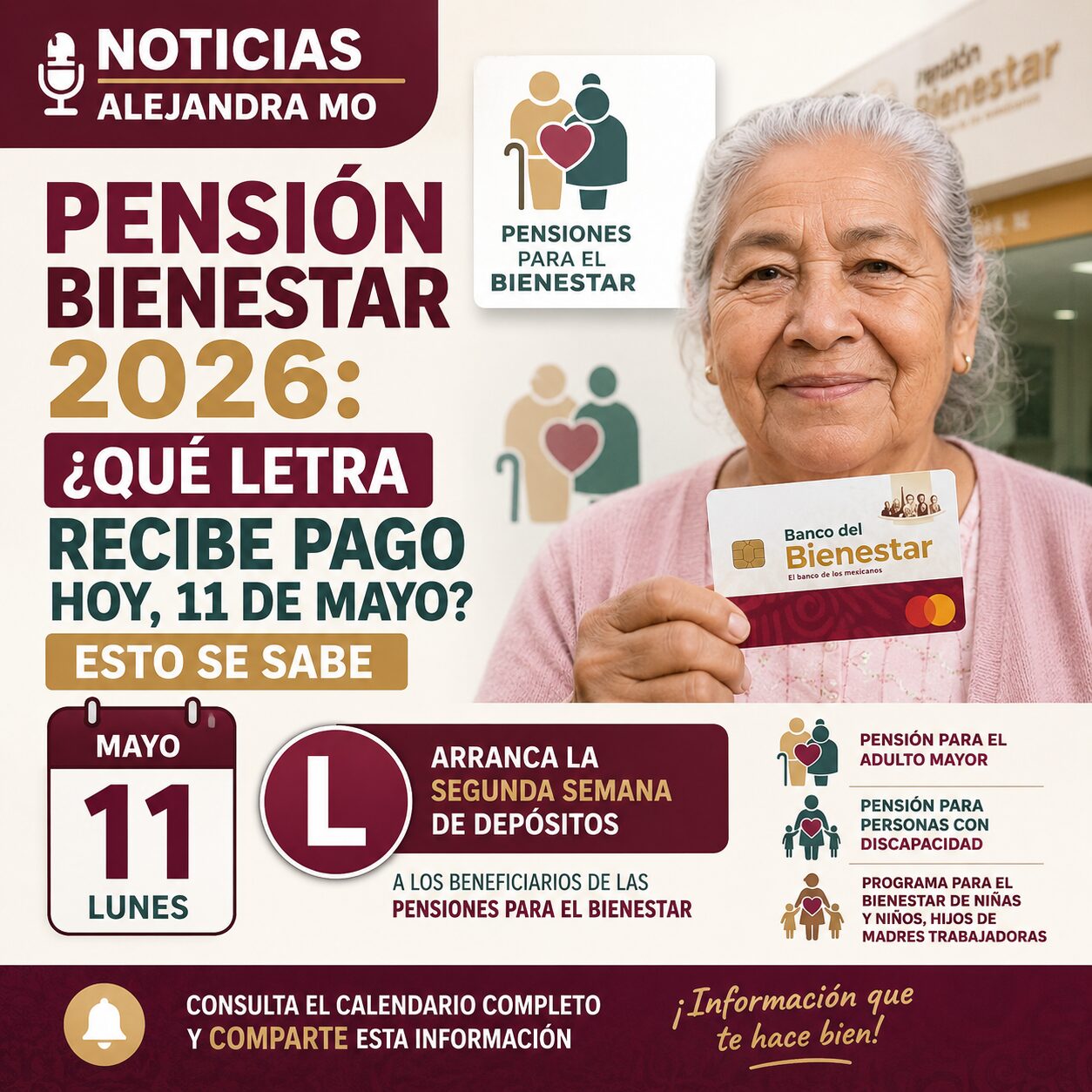 ¡Pago DOBLE de la Pensión Bienestar 2026! Estas son las letras que cobran HOY 11 de mayo y el calendario completo