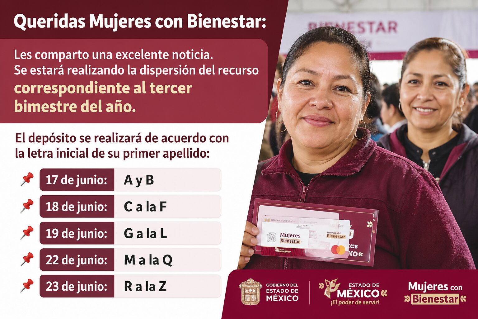 Mujeres con Bienestar 2026: Confirman Pago del Tercer Bimestre; Consulta la Fecha Exacta Según la Letra de tu Apellido